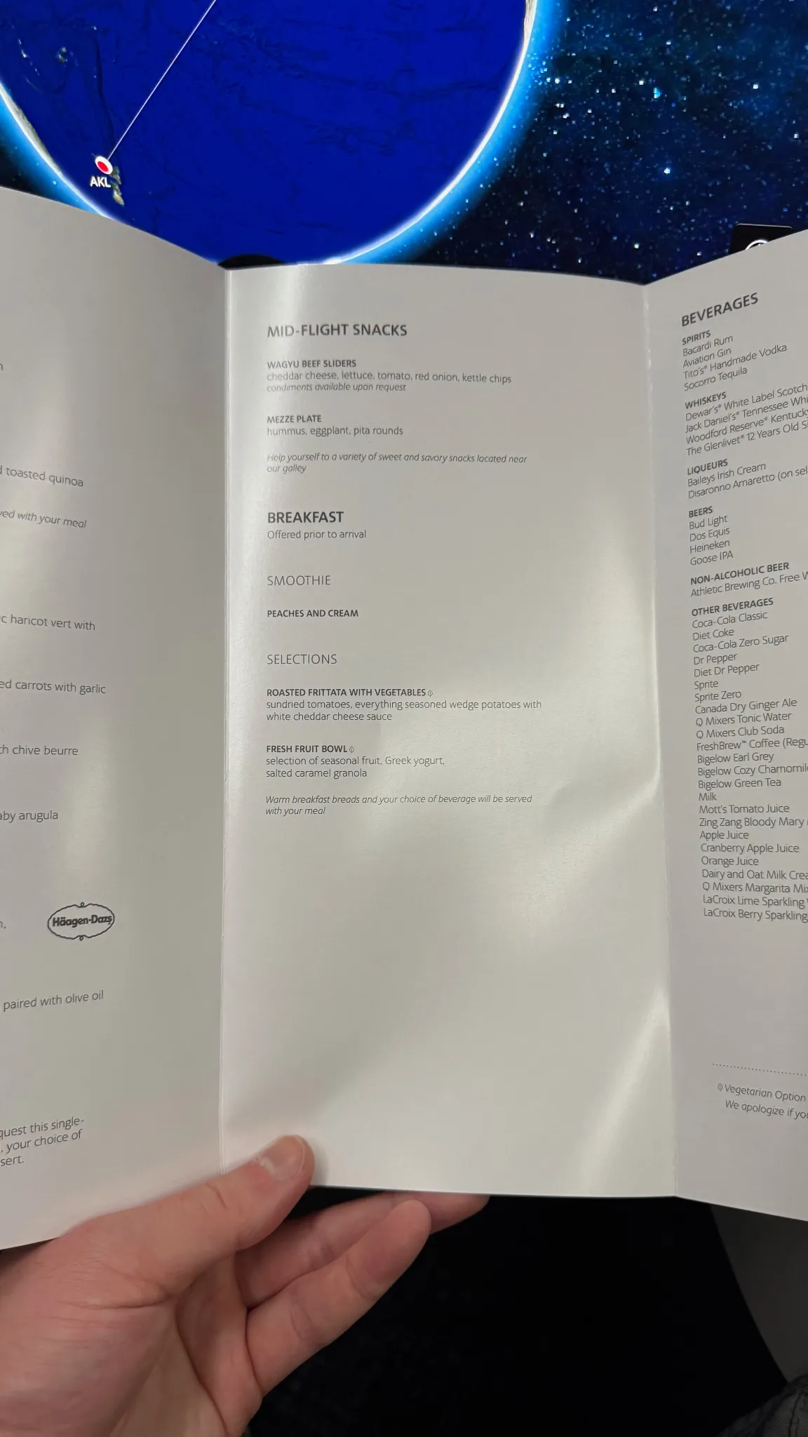 The mid-flight snack and breakfast selection, including a smoothie.