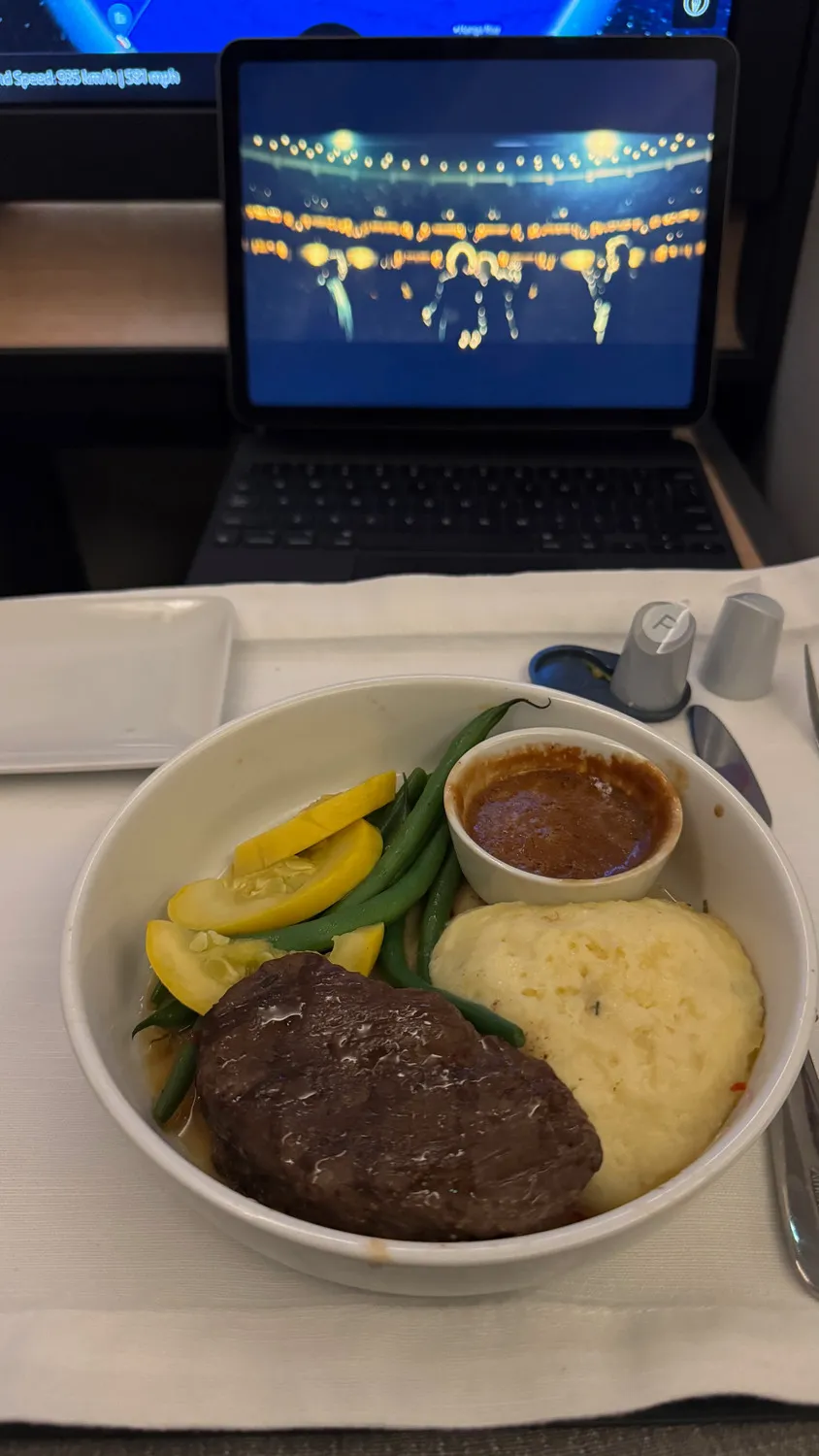 My grilled beef bistro steak with mashed potatoes, vegetables and sauce.