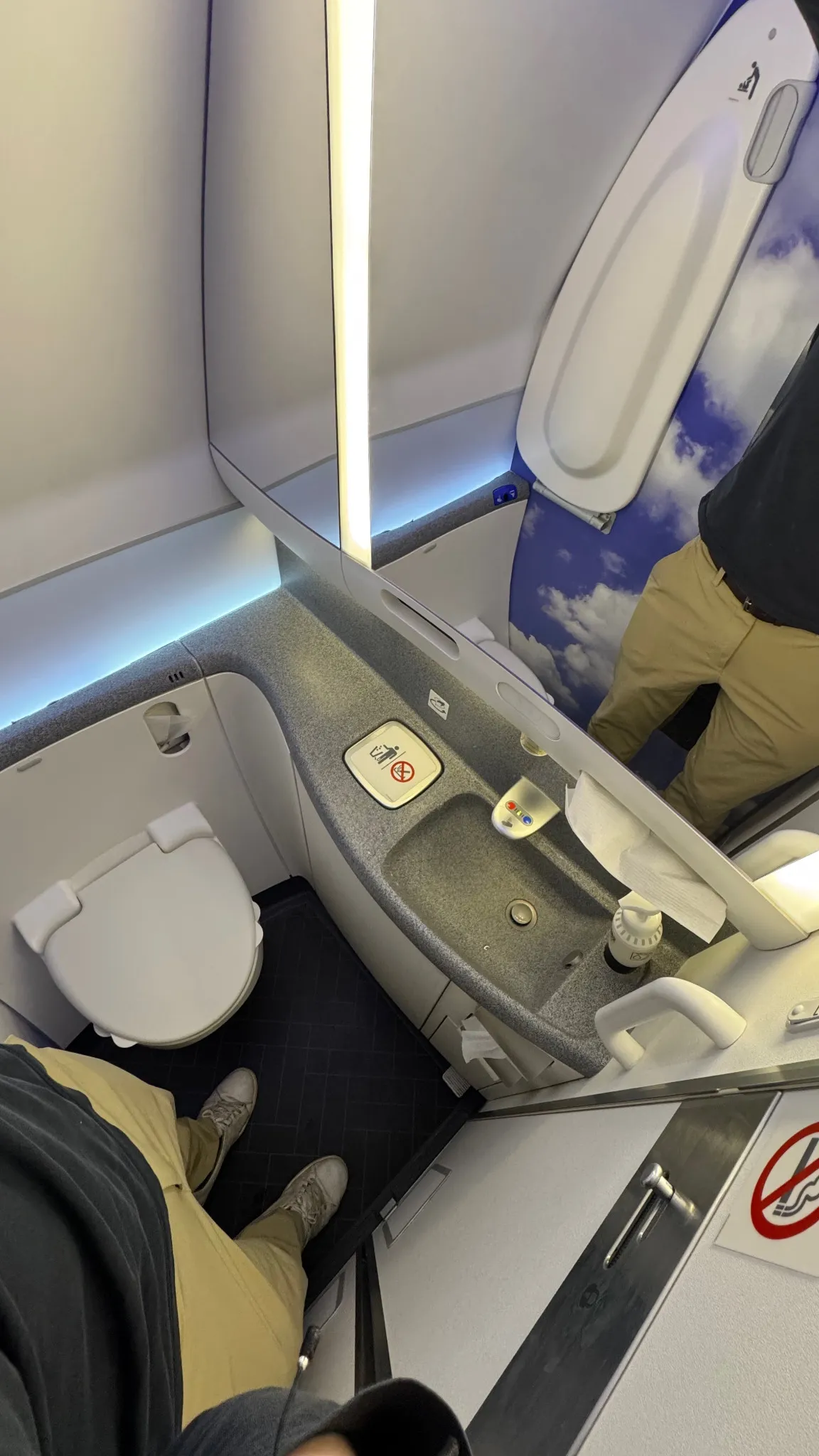 The lavatory was functional, but missing premium toiletries.