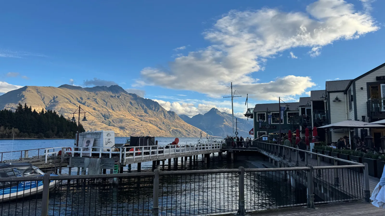 Queenstown waterfront from the lakeside boardwalk.