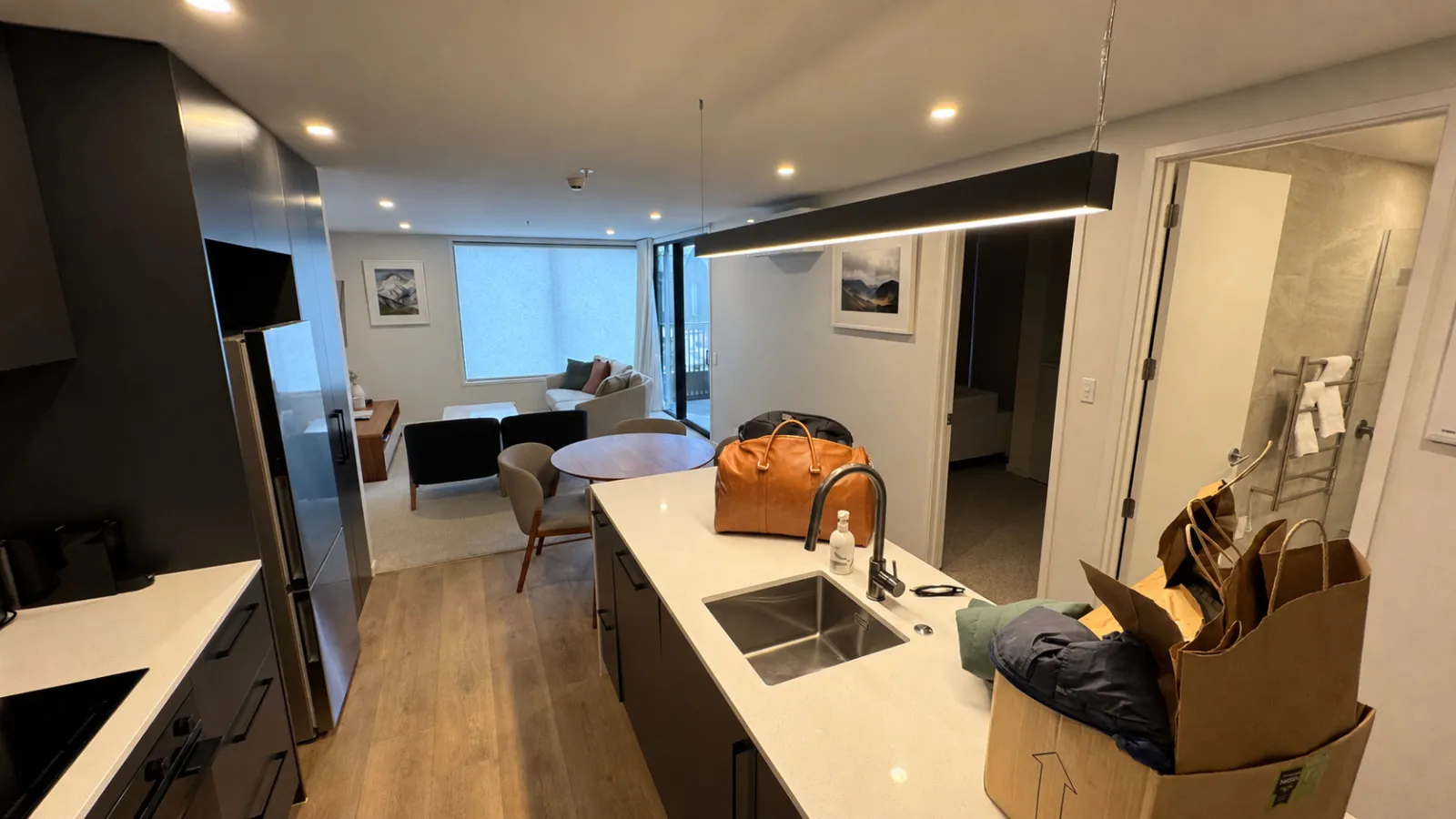 Our modern Wānaka apartment had separate bedrooms and an in-unit washer/dryer.