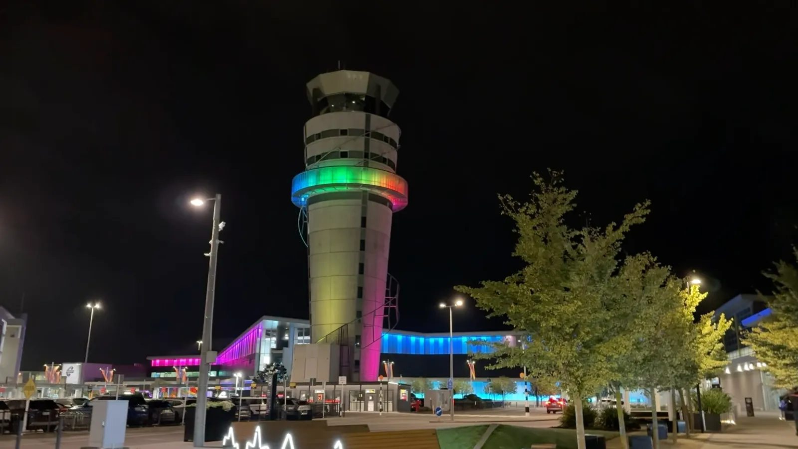 Christchurch Airport illuminated at night, after our final long drive across the South Island.