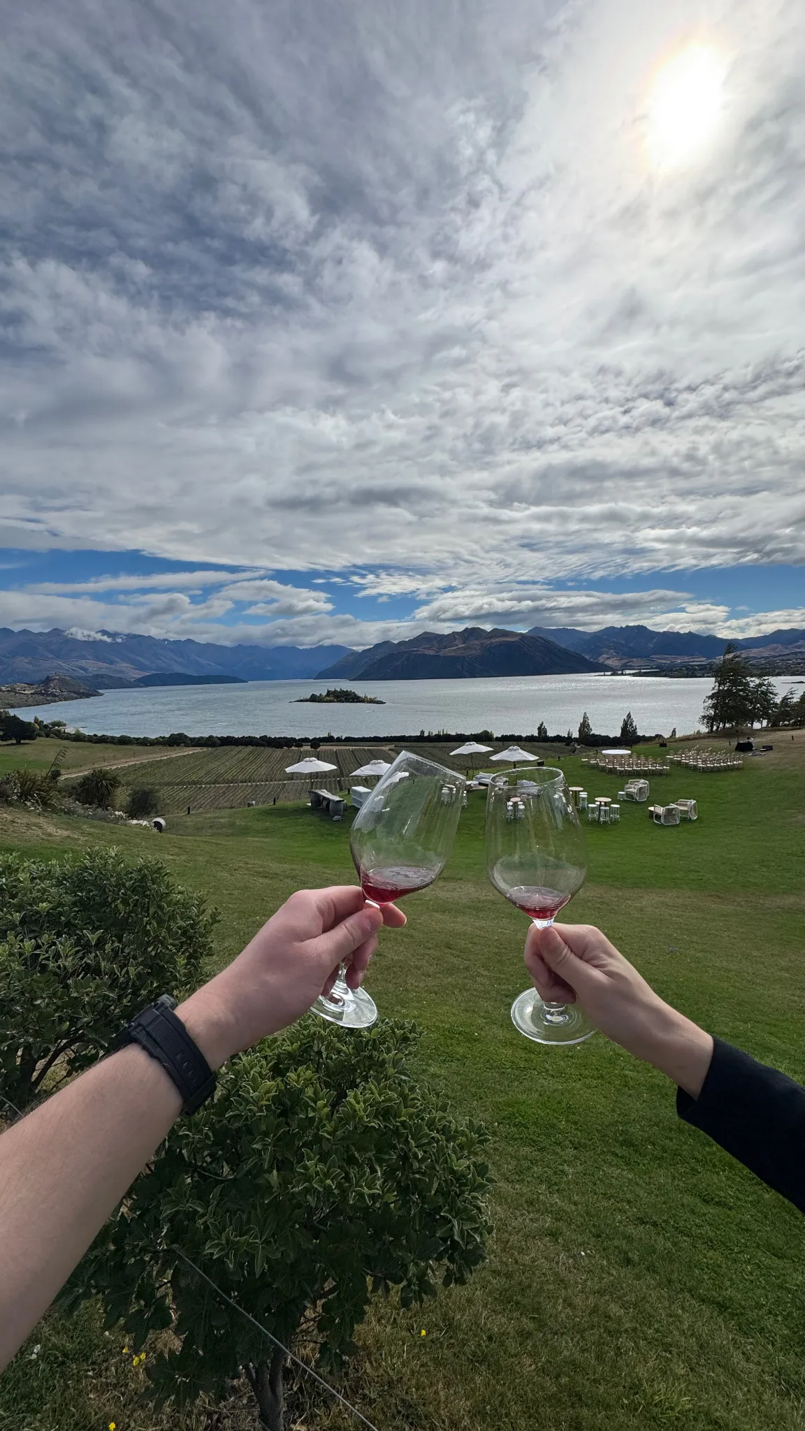 A toast between brothers at Rippon, with Lake Wānaka behind us.