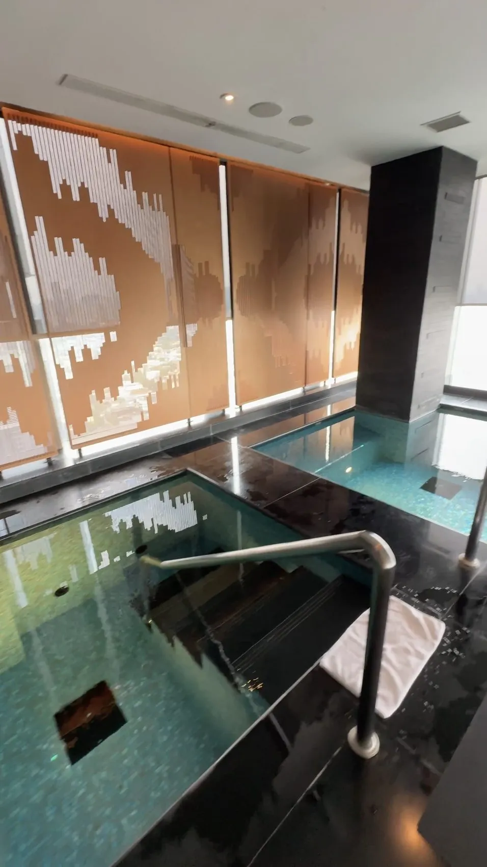 Hydrotherapy facilities include pools for contrast bathing and relaxation.