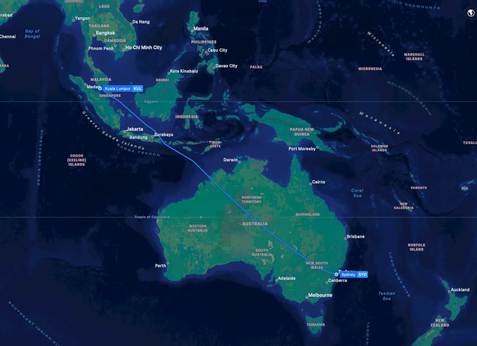 The route MH122 actually flew from Sydney to Kuala Lumpur on March 31, 2026, as recorded by Flighty.