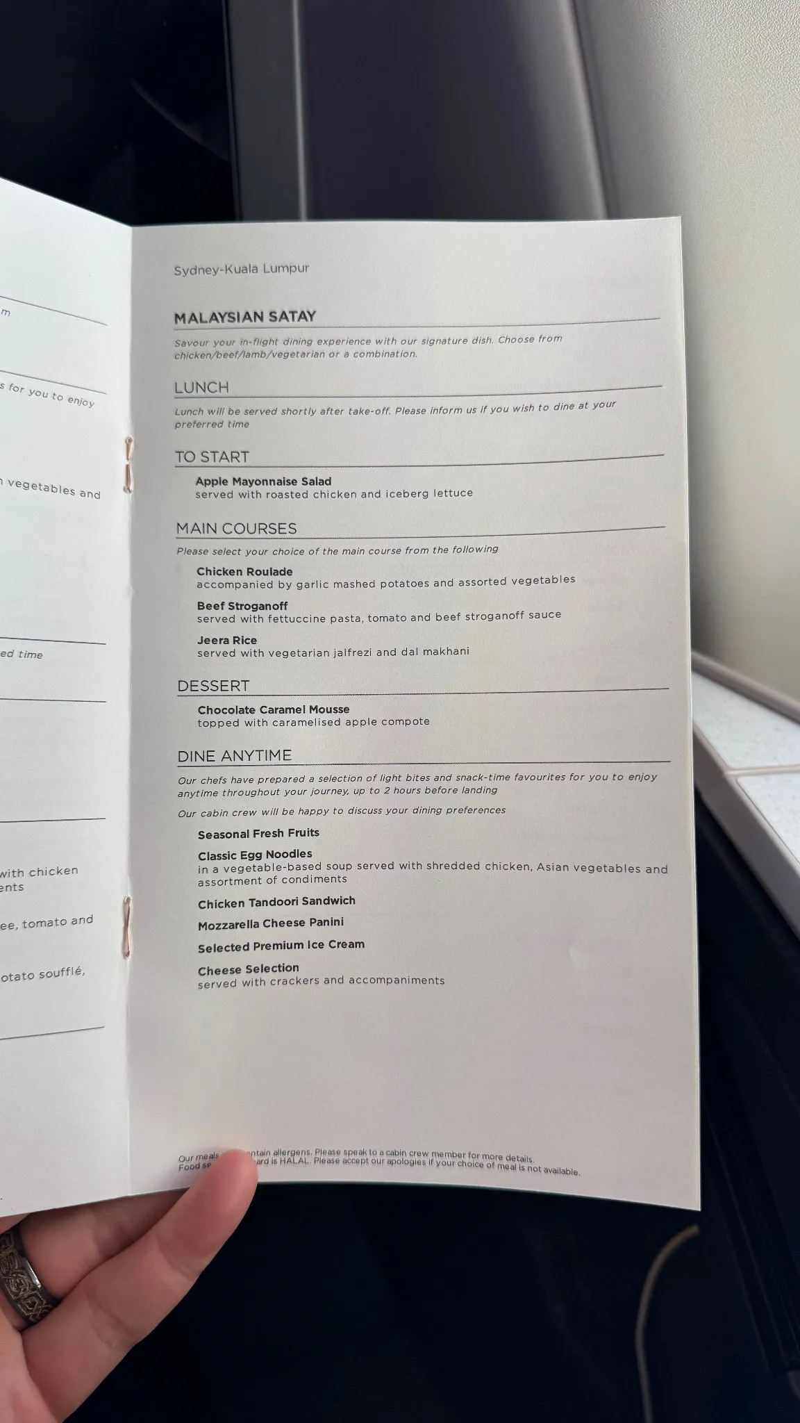 The Sydney to Kuala Lumpur lunch menu: satay, three mains and dine-anytime options.