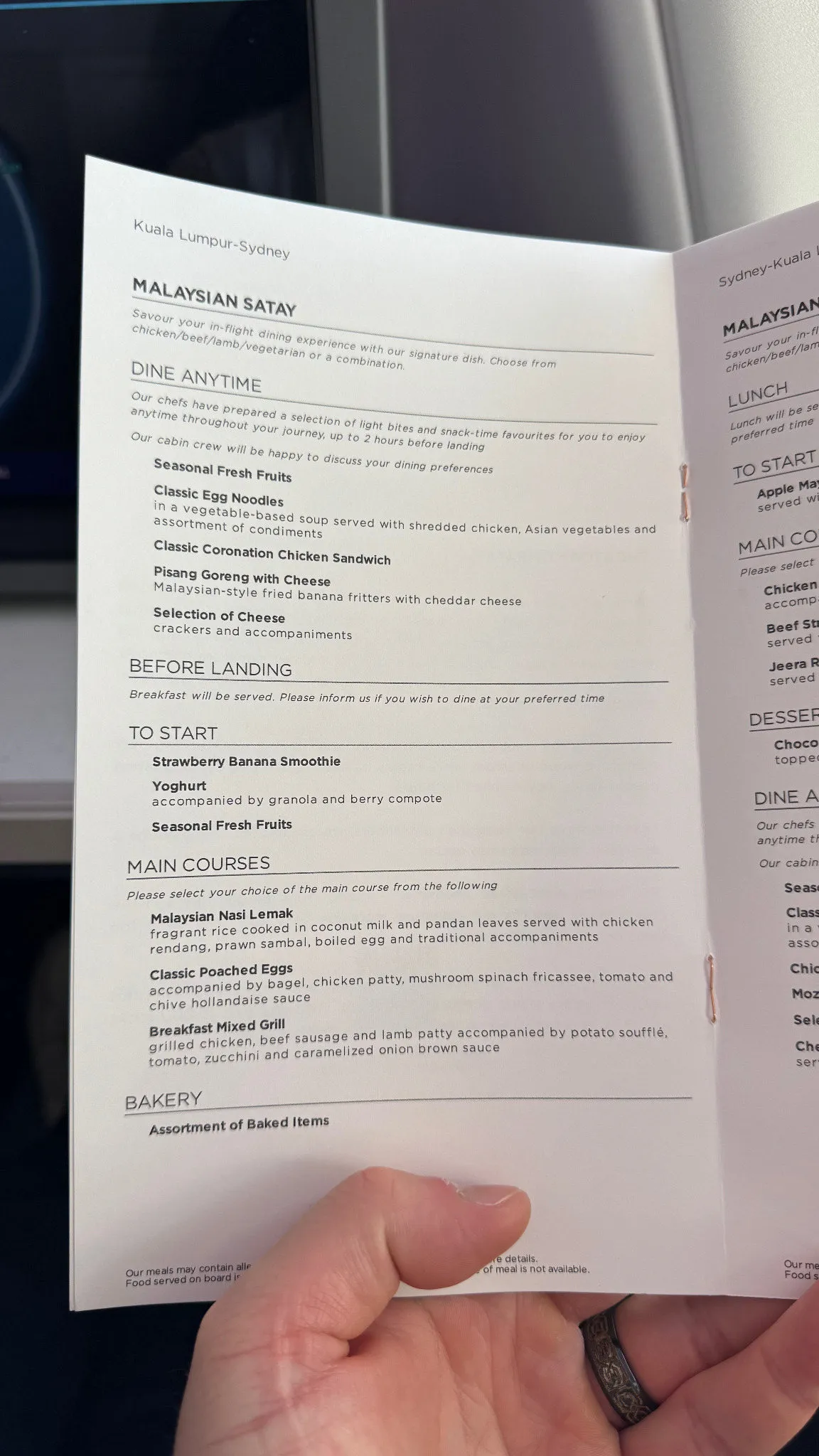 The Kuala Lumpur to Sydney menu, with Nasi Lemak and Pisang Goreng with cheese… the other direction!