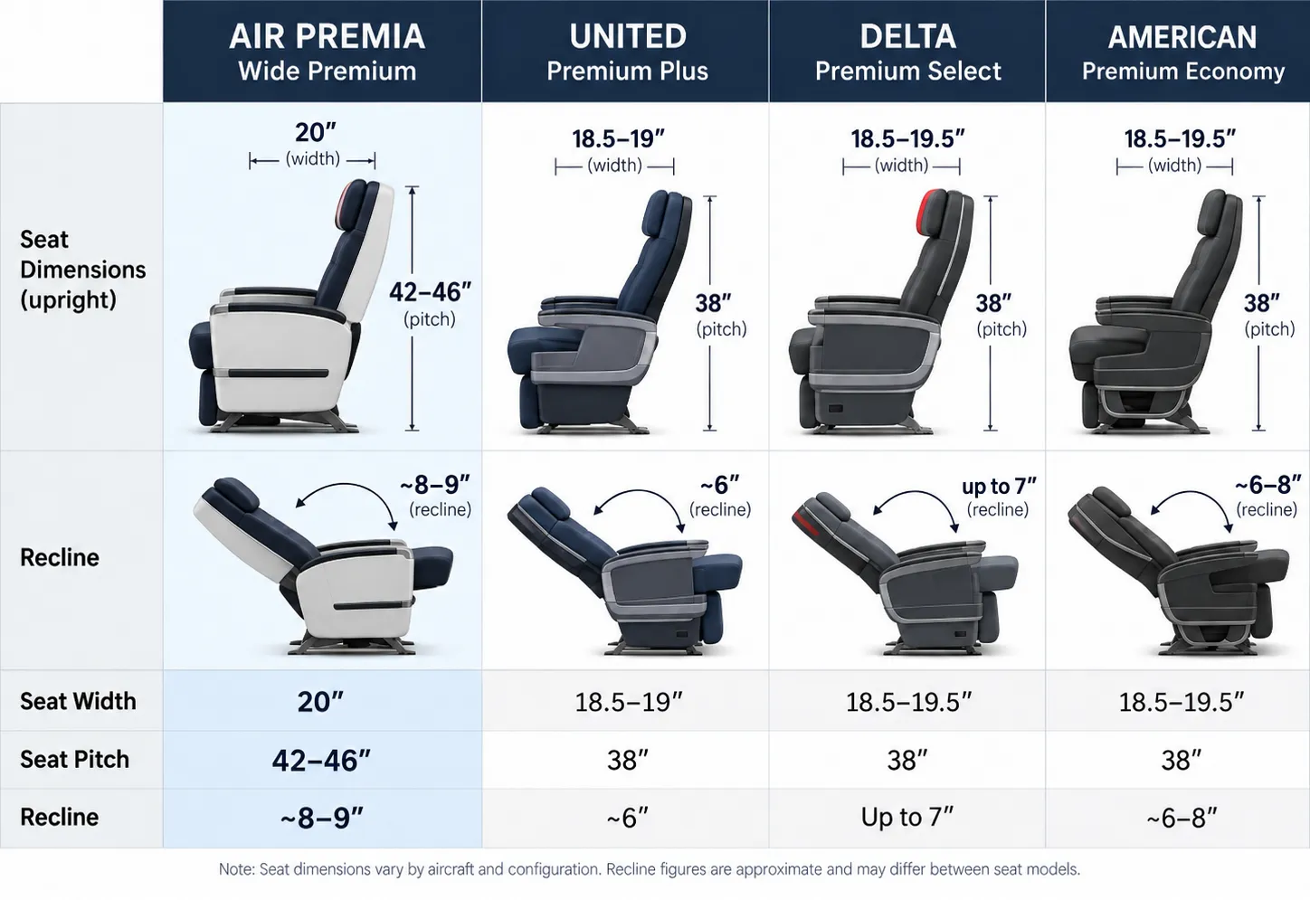 Seat width, pitch and recline compared: Air Premia Wide Premium, United Premium Plus, Delta Premium Select and American Premium Economy