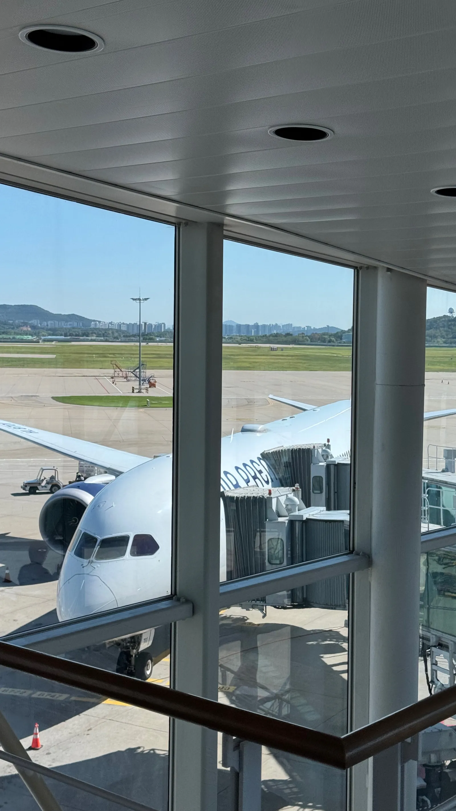 Our 787-9 waiting at the gate, seen from the terminal.