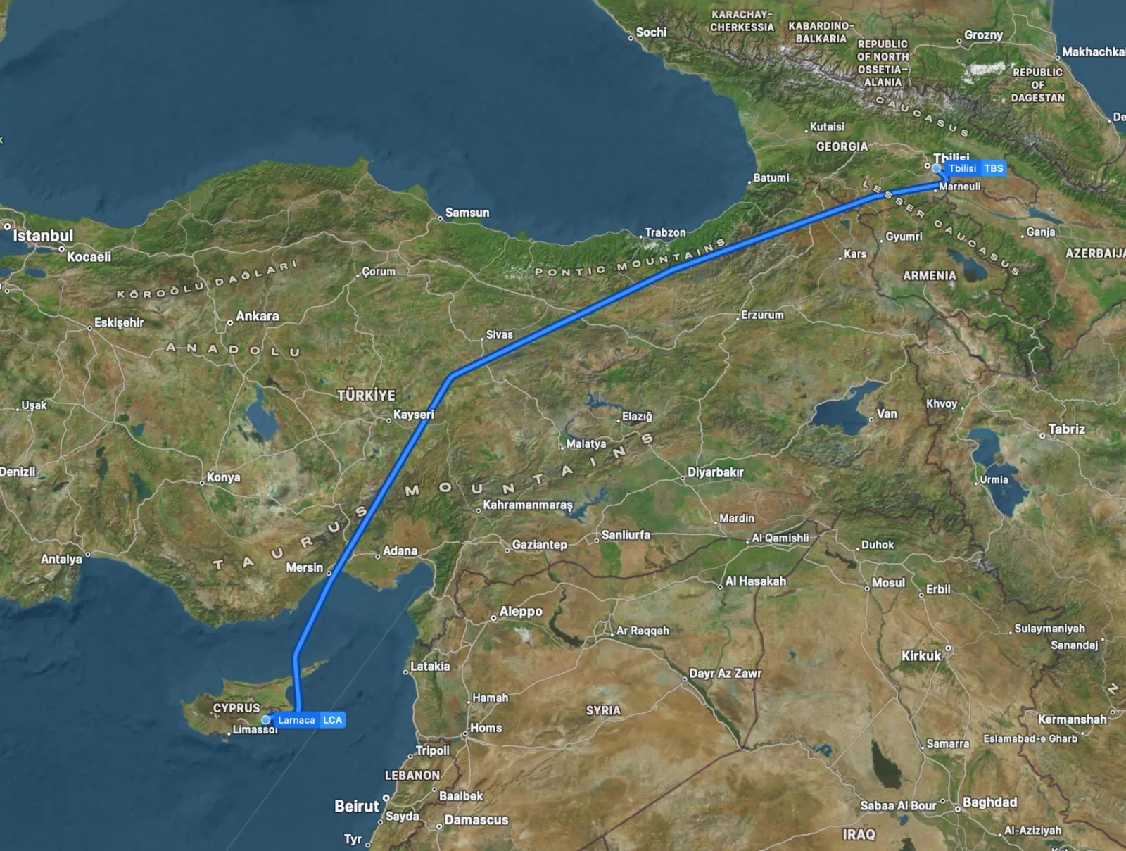 Our route from LCA-TBS... straight forward on paper... whole different ballgame inside the plane.